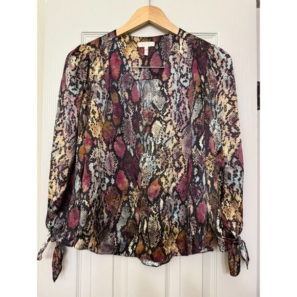Rebecca Taylor Multi Combo Silk Snakeskin Print Tie Cuff Top Size 4 - Picture 1 of 3